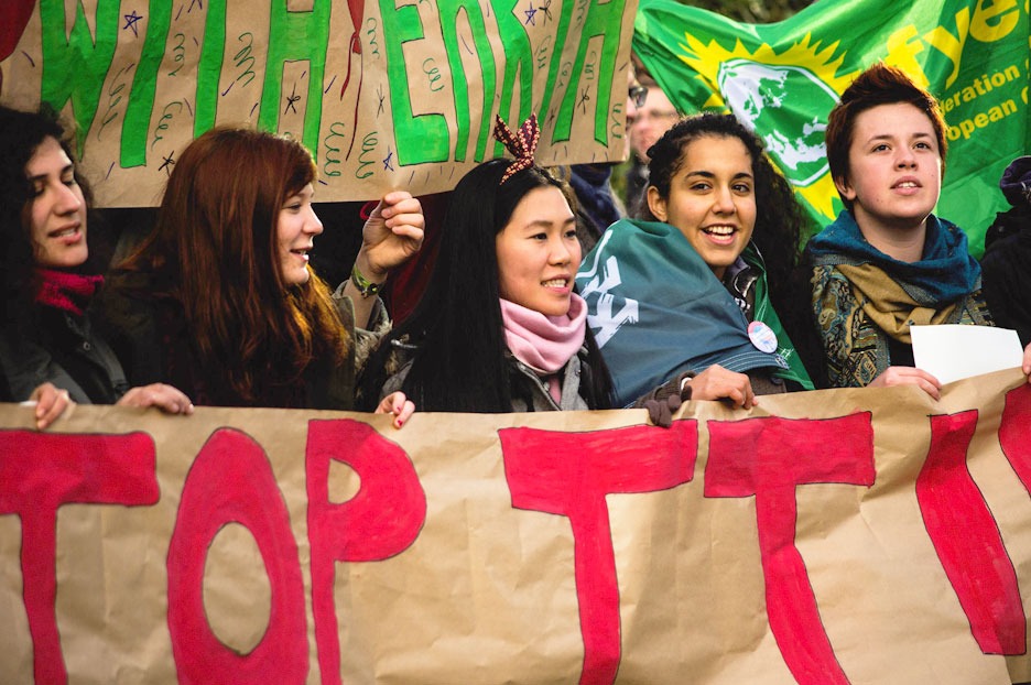 sign up for the young foee newsletter - photo from a trade protest in brussels